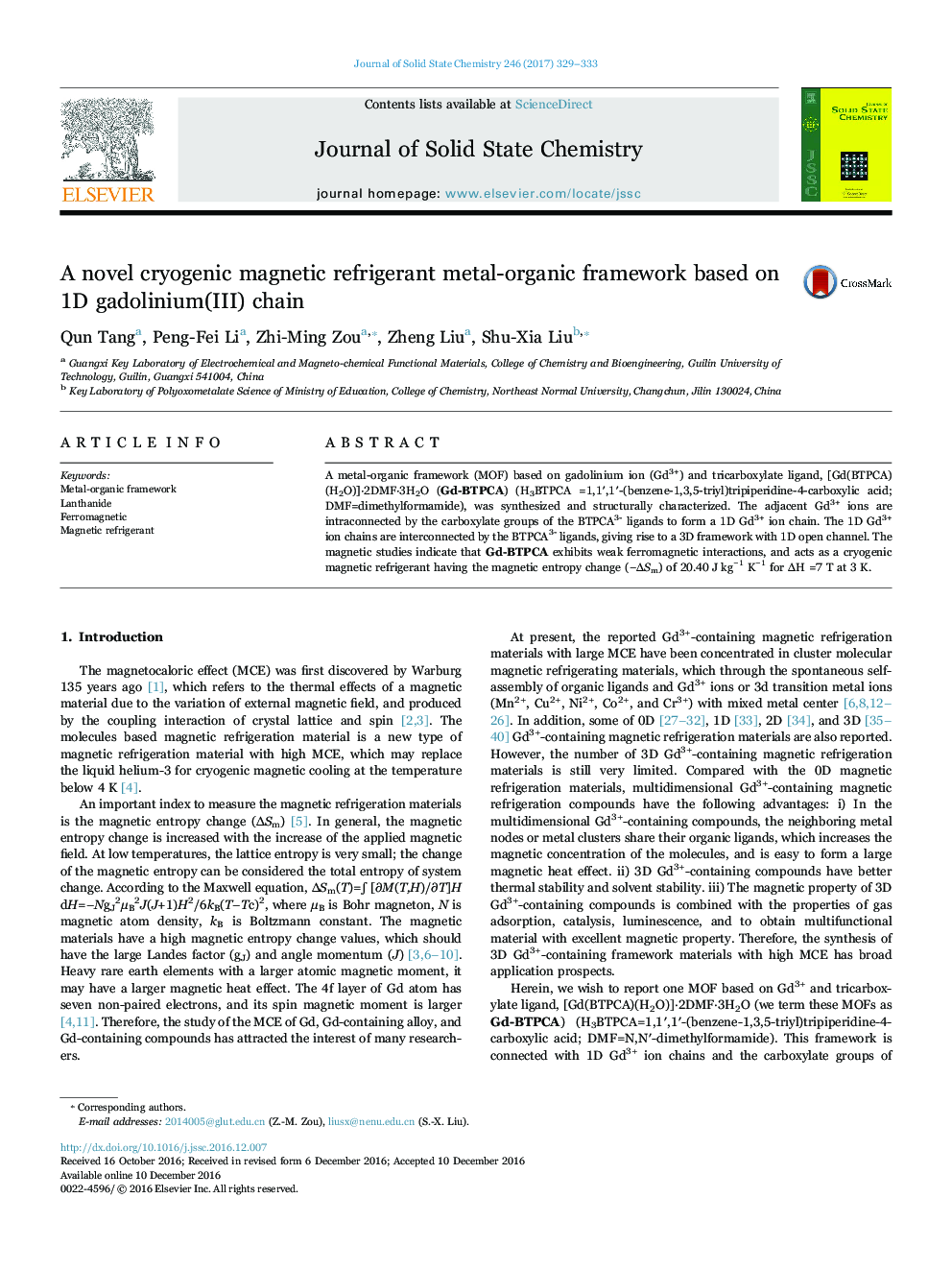 A novel cryogenic magnetic refrigerant metal-organic framework based on 1D gadolinium(III) chain