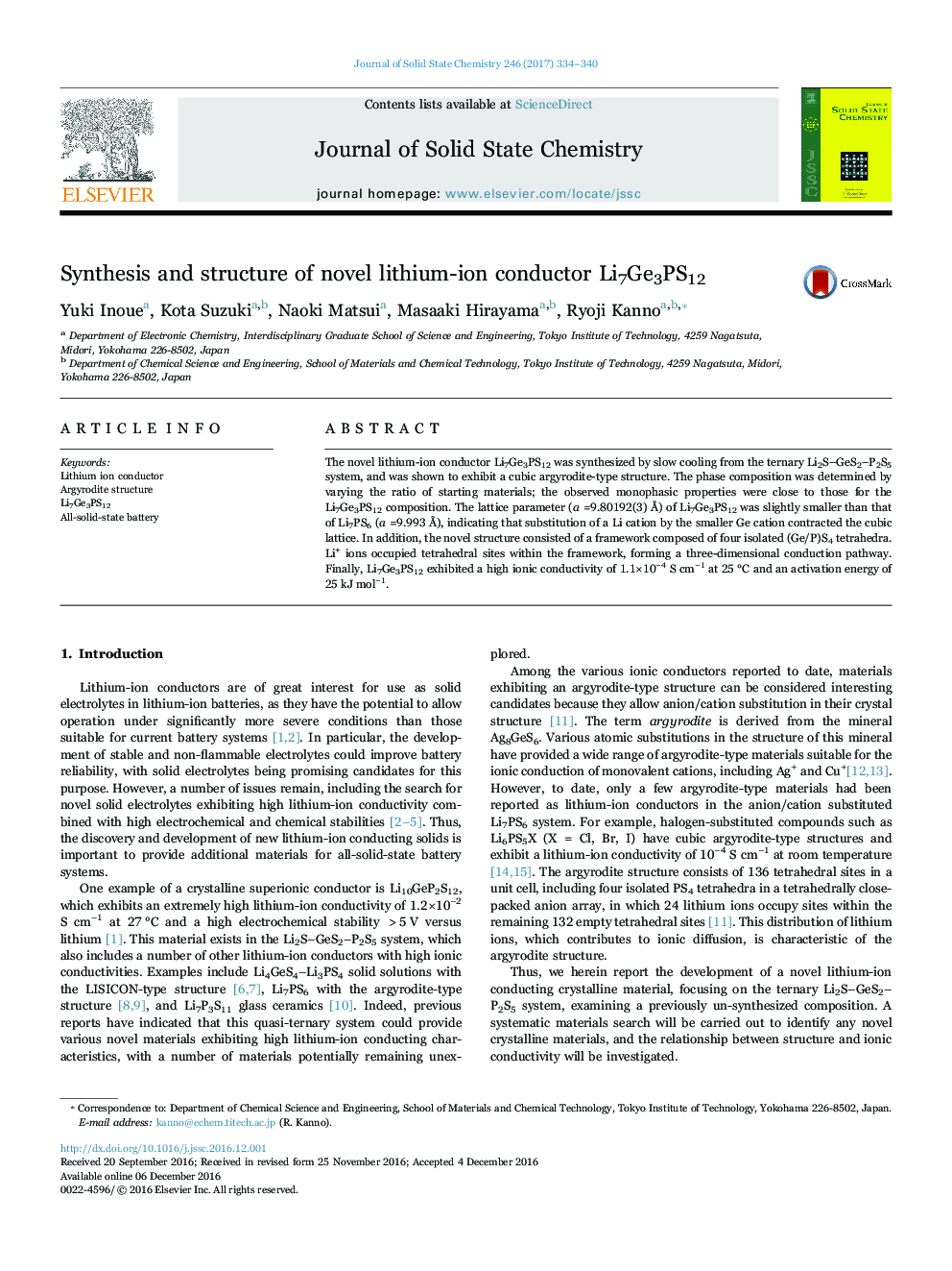 Synthesis and structure of novel lithium-ion conductor Li7Ge3PS12