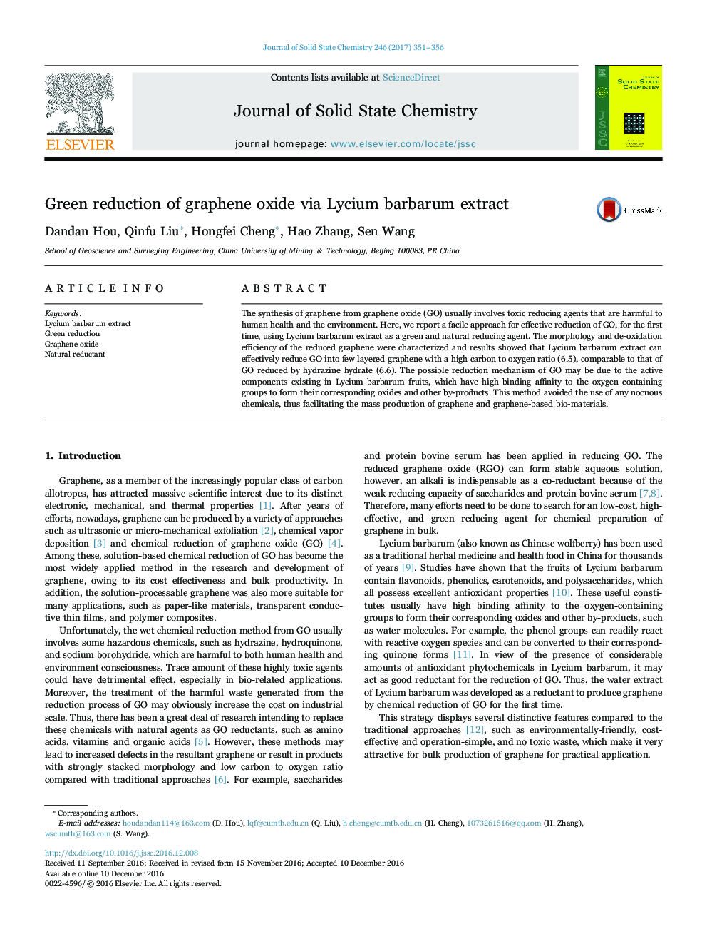 Green reduction of graphene oxide via Lycium barbarum extract