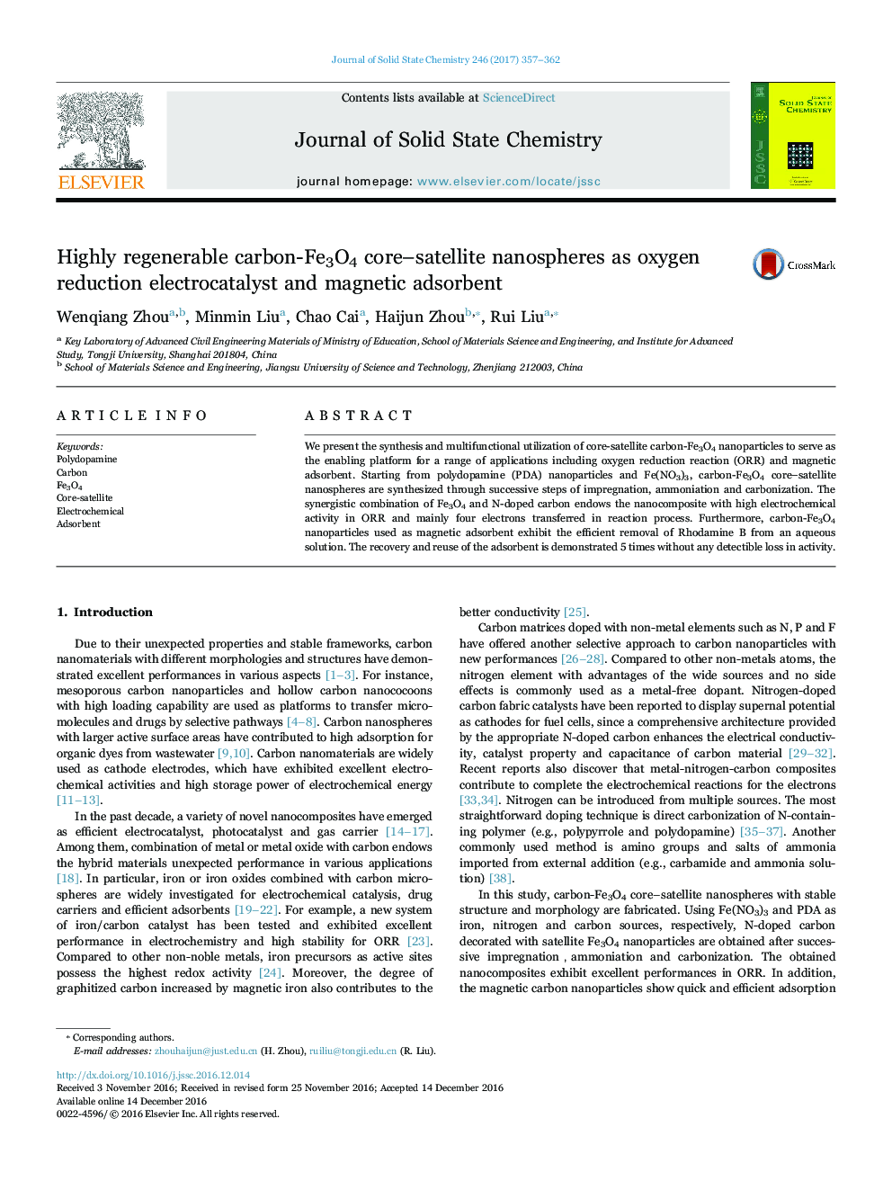 Highly regenerable carbon-Fe3O4 core-satellite nanospheres as oxygen reduction electrocatalyst and magnetic adsorbent