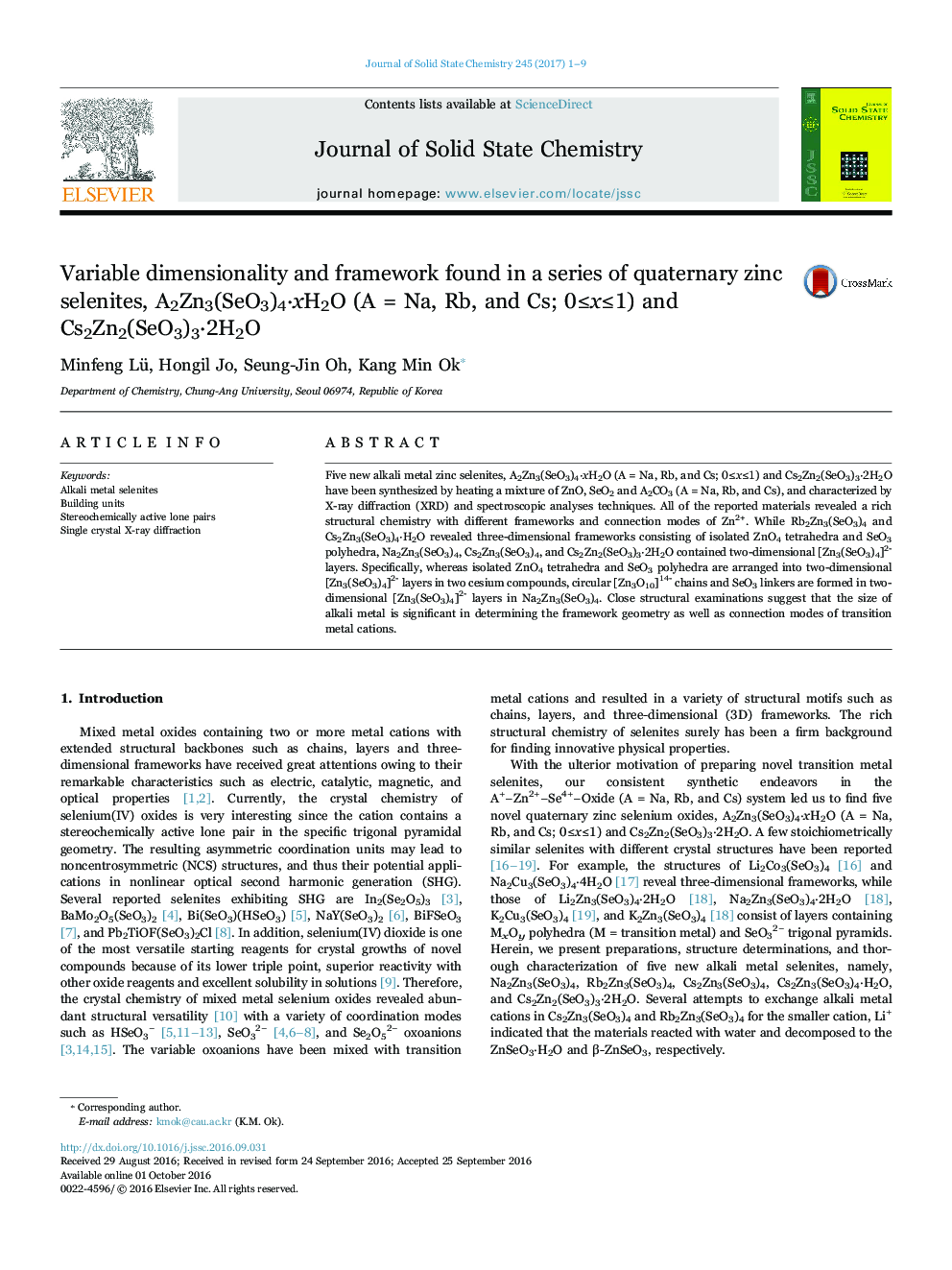 Variable dimensionality and framework found in a series of quaternary zinc selenites, A2Zn3(SeO3)4Â·xH2O (A = Na, Rb, and Cs; 0â¤xâ¤1) and Cs2Zn2(SeO3)3Â·2H2O