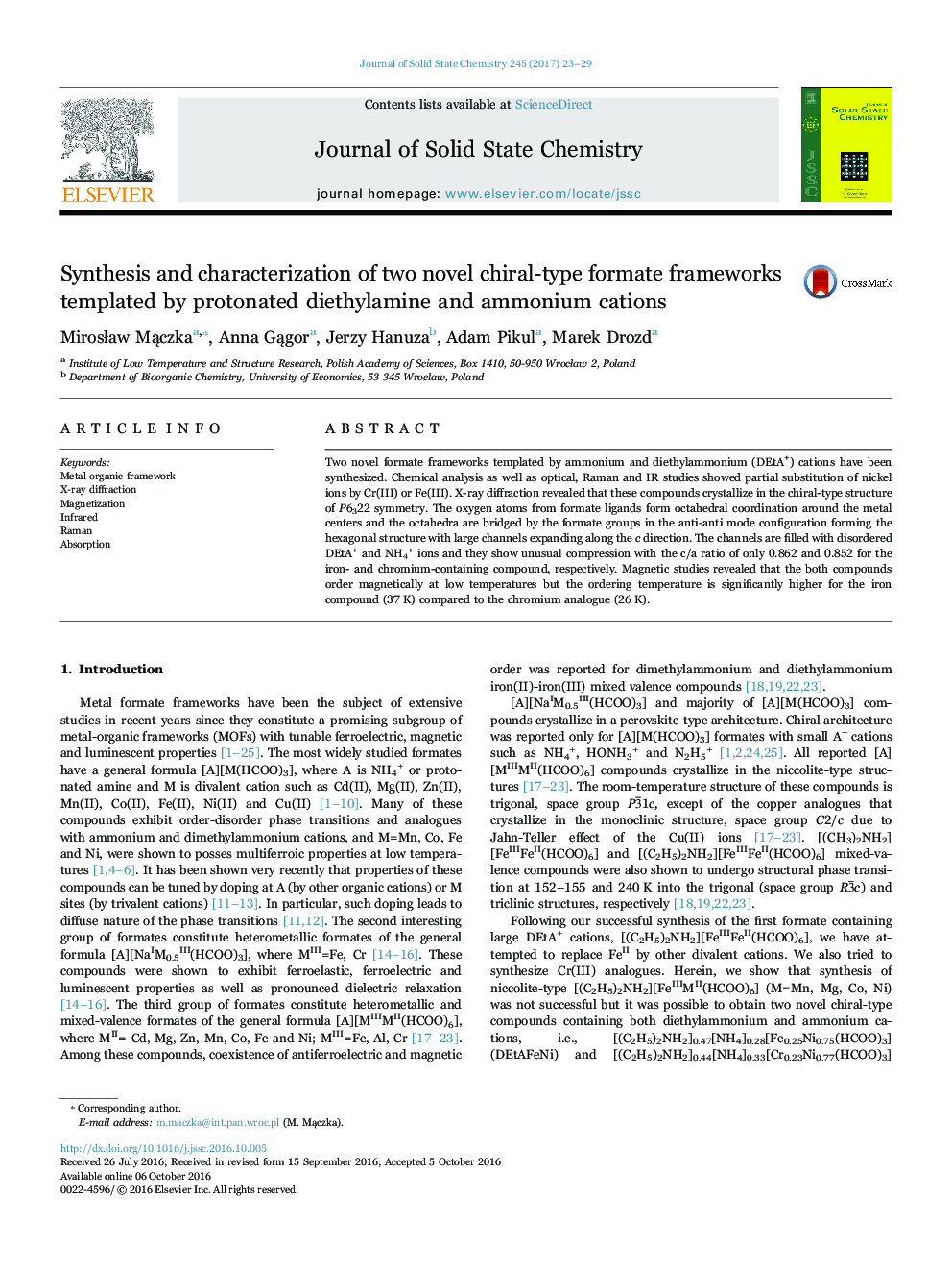 Synthesis and characterization of two novel chiral-type formate frameworks templated by protonated diethylamine and ammonium cations