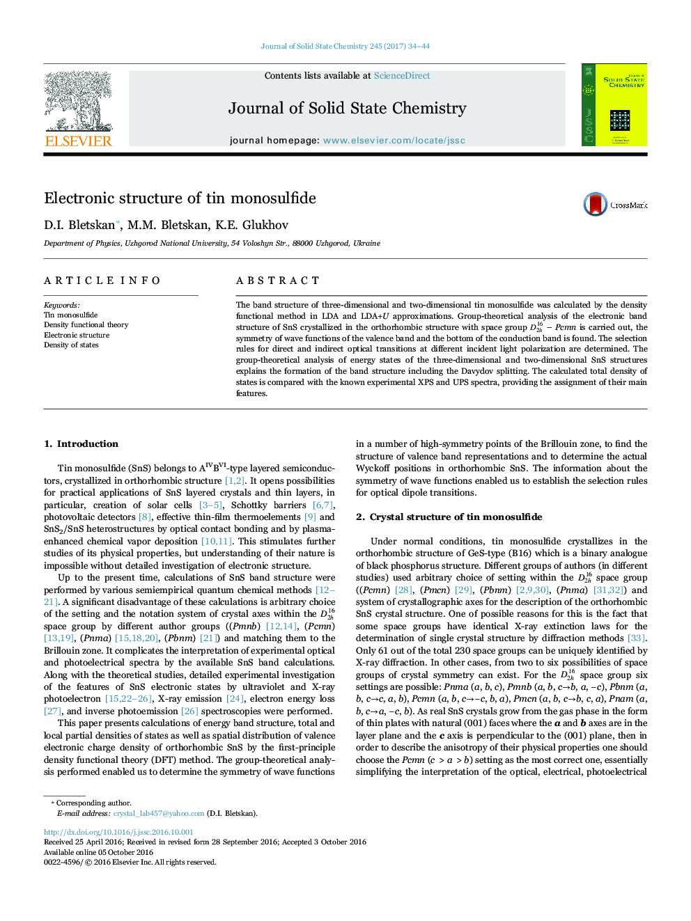 Electronic structure of tin monosulfide