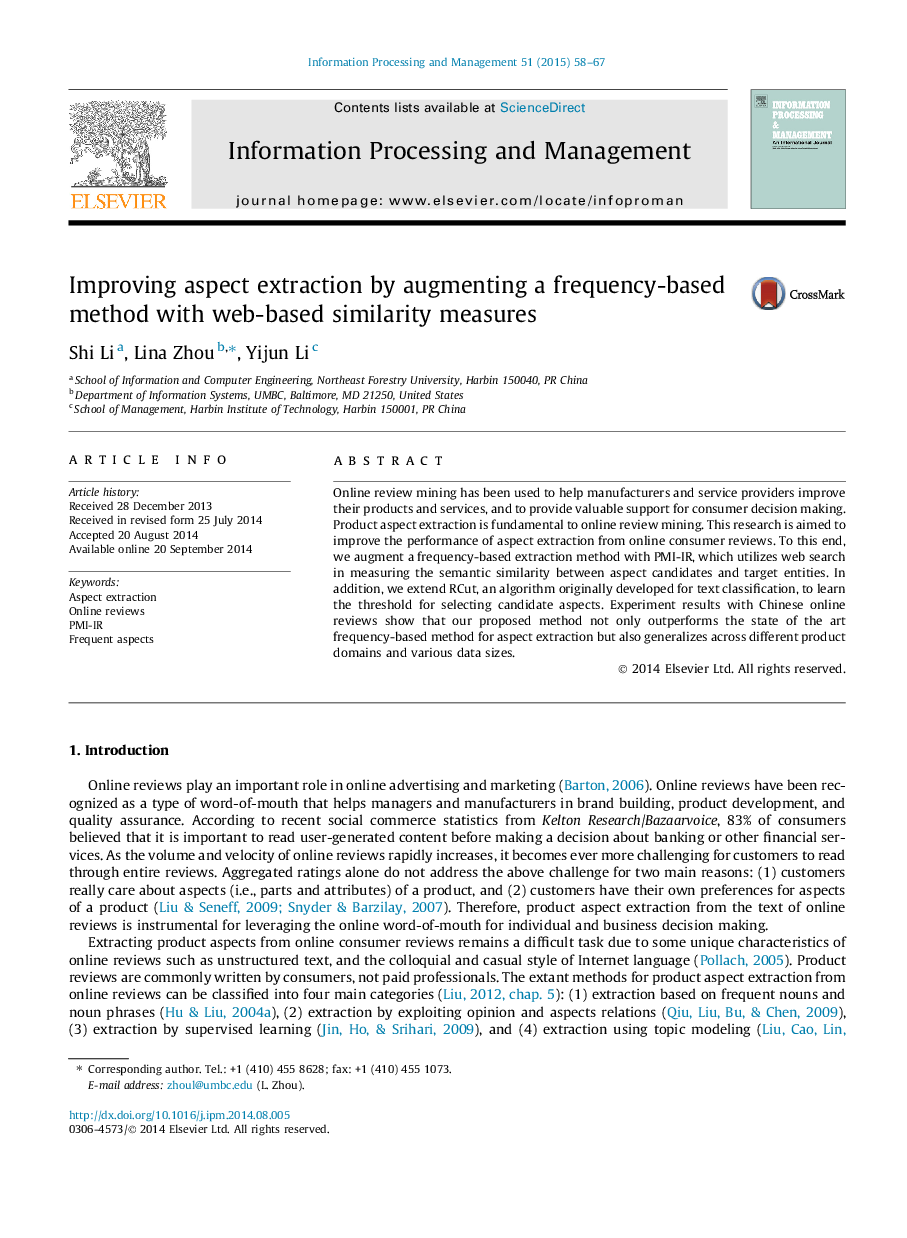 Improving aspect extraction by augmenting a frequency-based method with web-based similarity measures