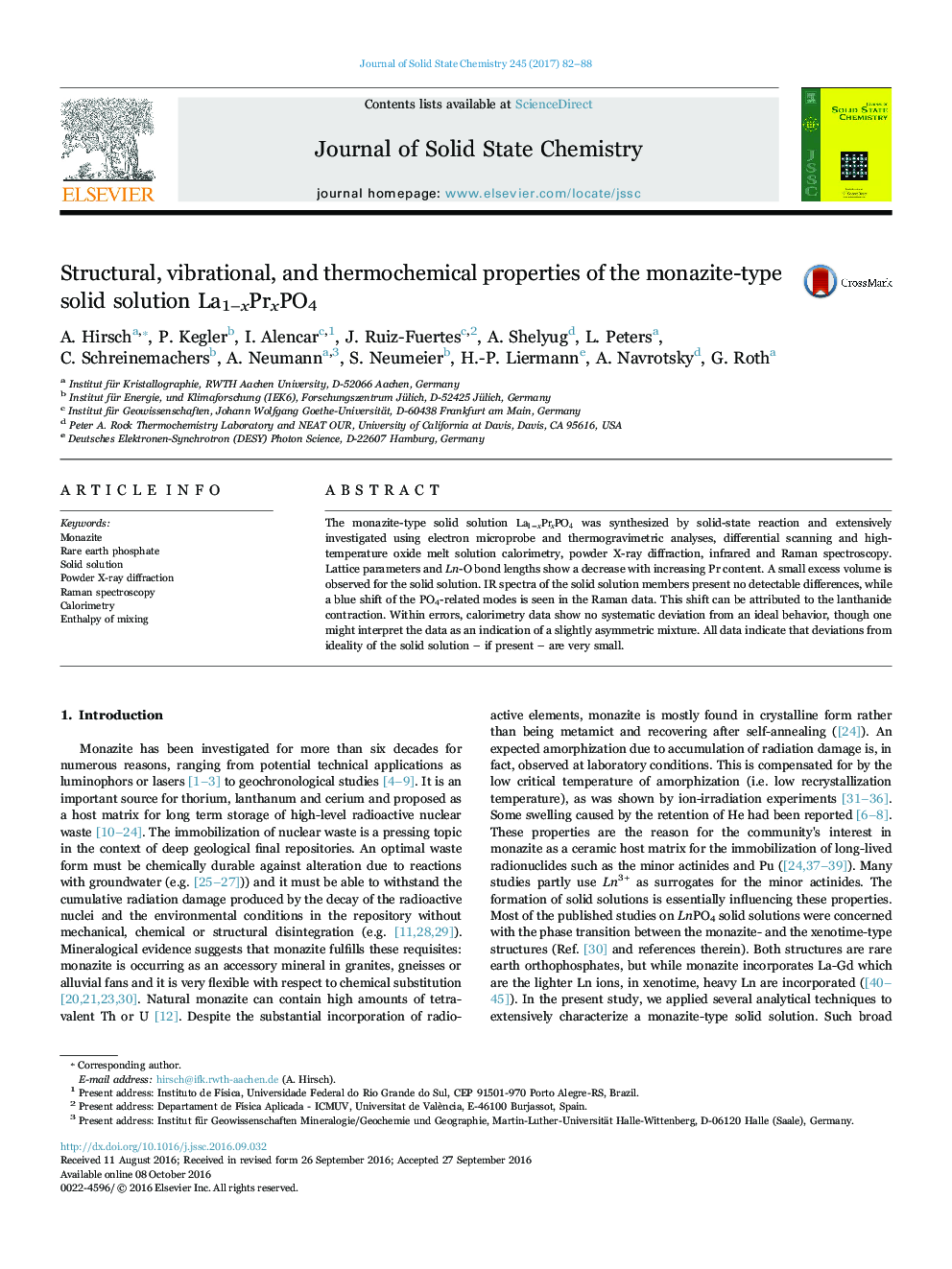 Structural, vibrational, and thermochemical properties of the monazite-type solid solution La1-xPrxPO4