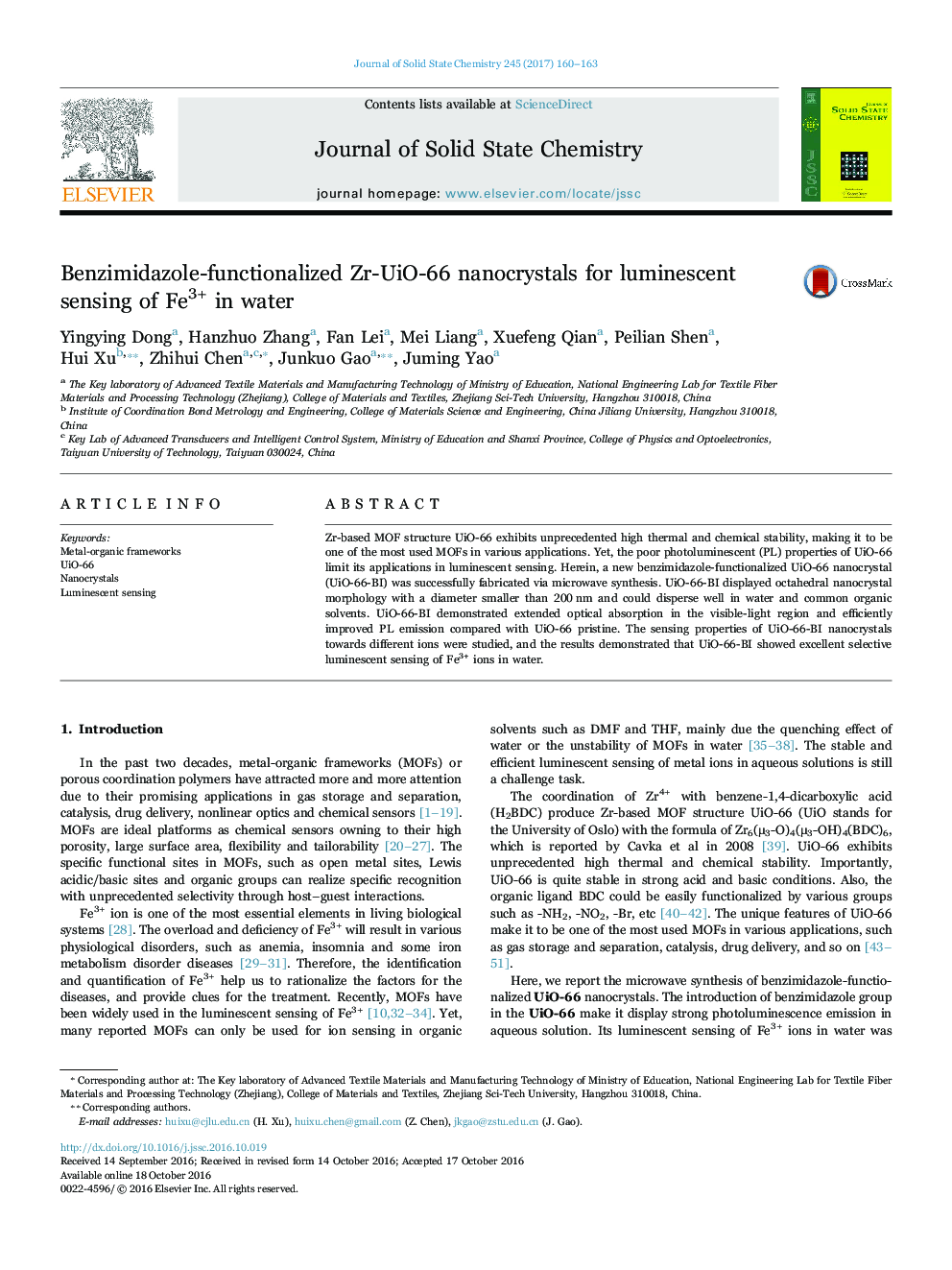 Benzimidazole-functionalized Zr-UiO-66 nanocrystals for luminescent sensing of Fe3+ in water