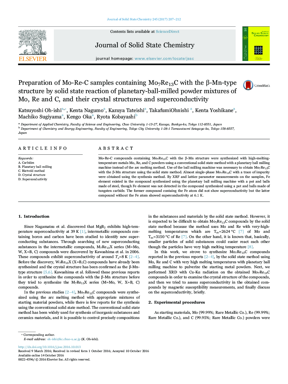 Preparation of Mo-Re-C samples containing Mo7Re13C with the Î²-Mn-type structure by solid state reaction of planetary-ball-milled powder mixtures of Mo, Re and C, and their crystal structures and superconductivity