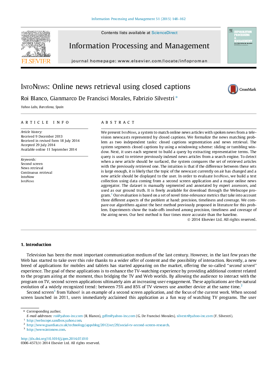 IntoNews: Online news retrieval using closed captions