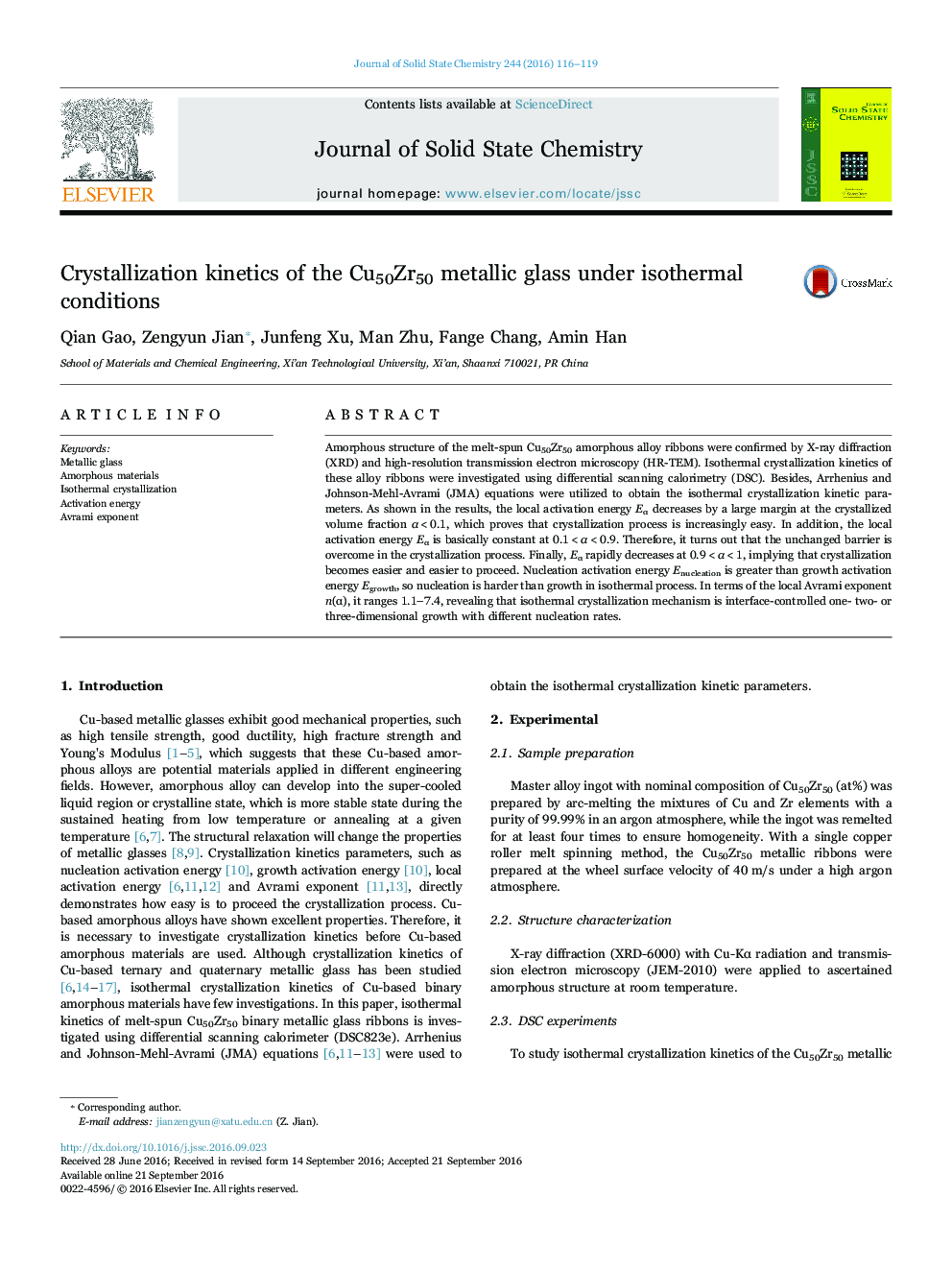 Crystallization kinetics of the Cu50Zr50 metallic glass under isothermal conditions