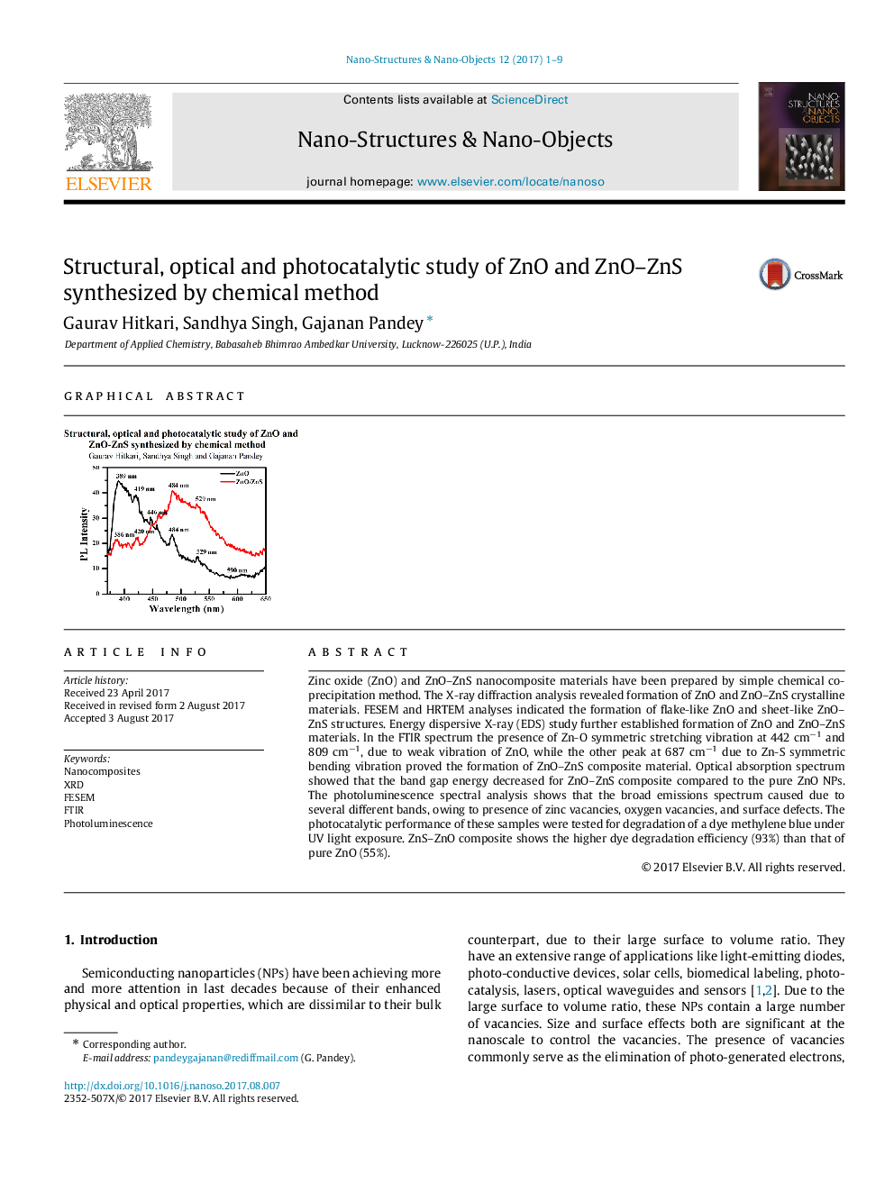 Structural, optical and photocatalytic study of ZnO and ZnO-ZnS synthesized by chemical method