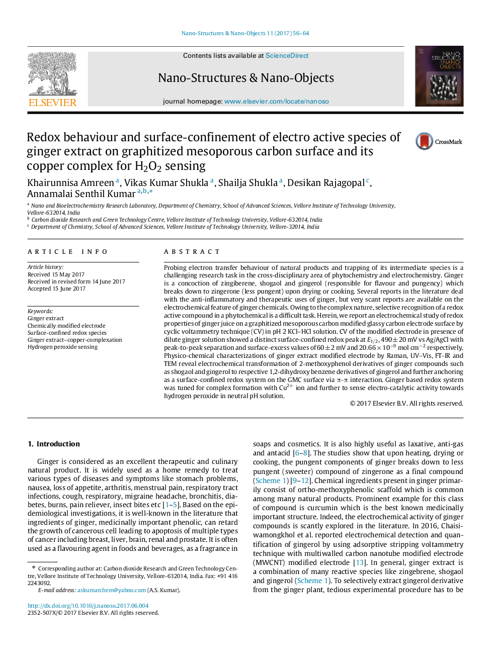 Redox behaviour and surface-confinement of electro active species of ginger extract on graphitized mesoporous carbon surface and its copper complex for H2O2 sensing