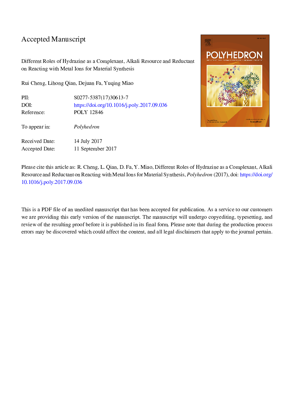 Different roles of hydrazine as a complexant, alkali resource and reductant on reacting with metal ions for material synthesis