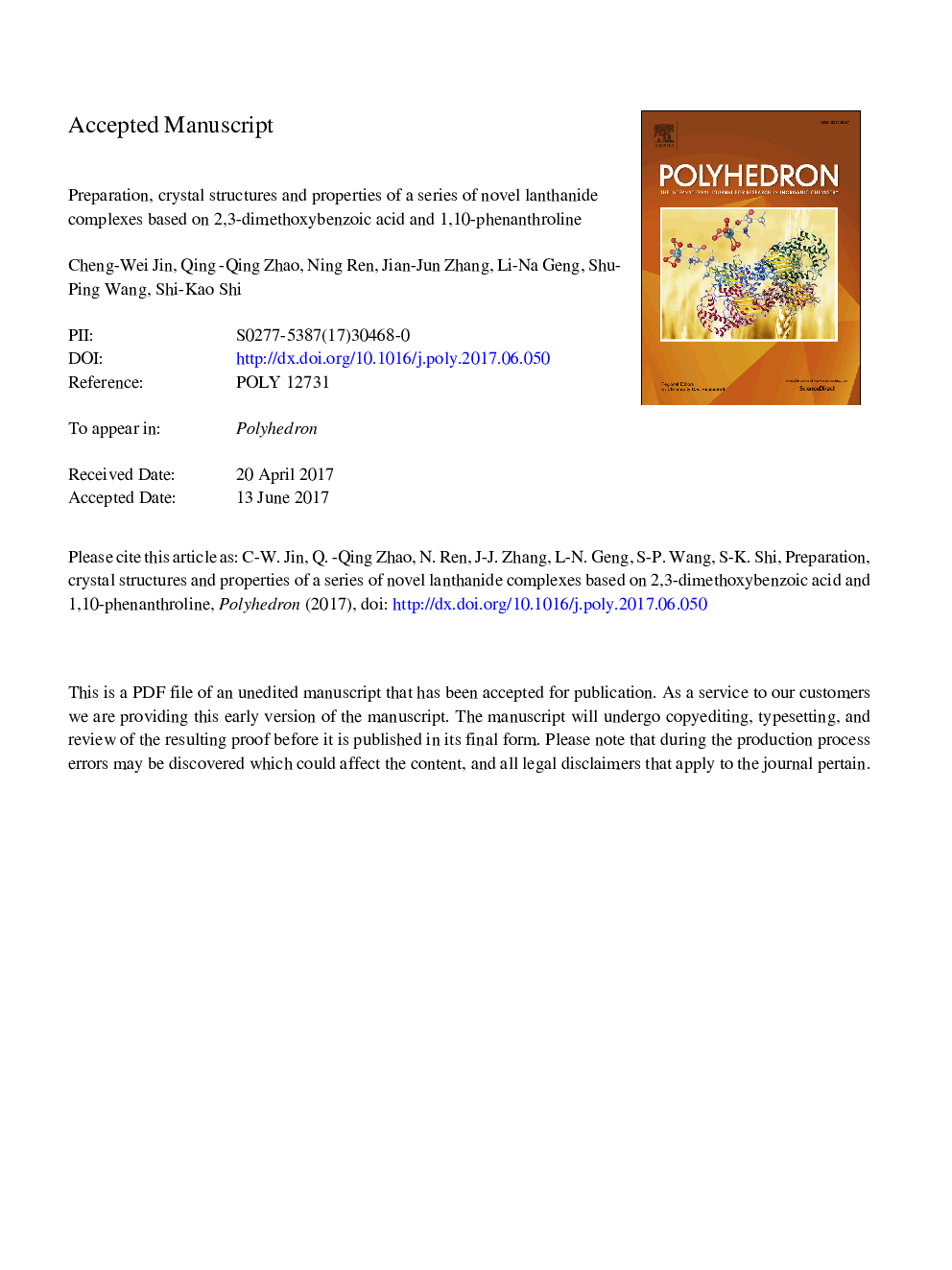 Preparation, crystal structures and properties of a series of novel lanthanide complexes based on 2,3-dimethoxybenzoic acid and 1,10-phenanthroline