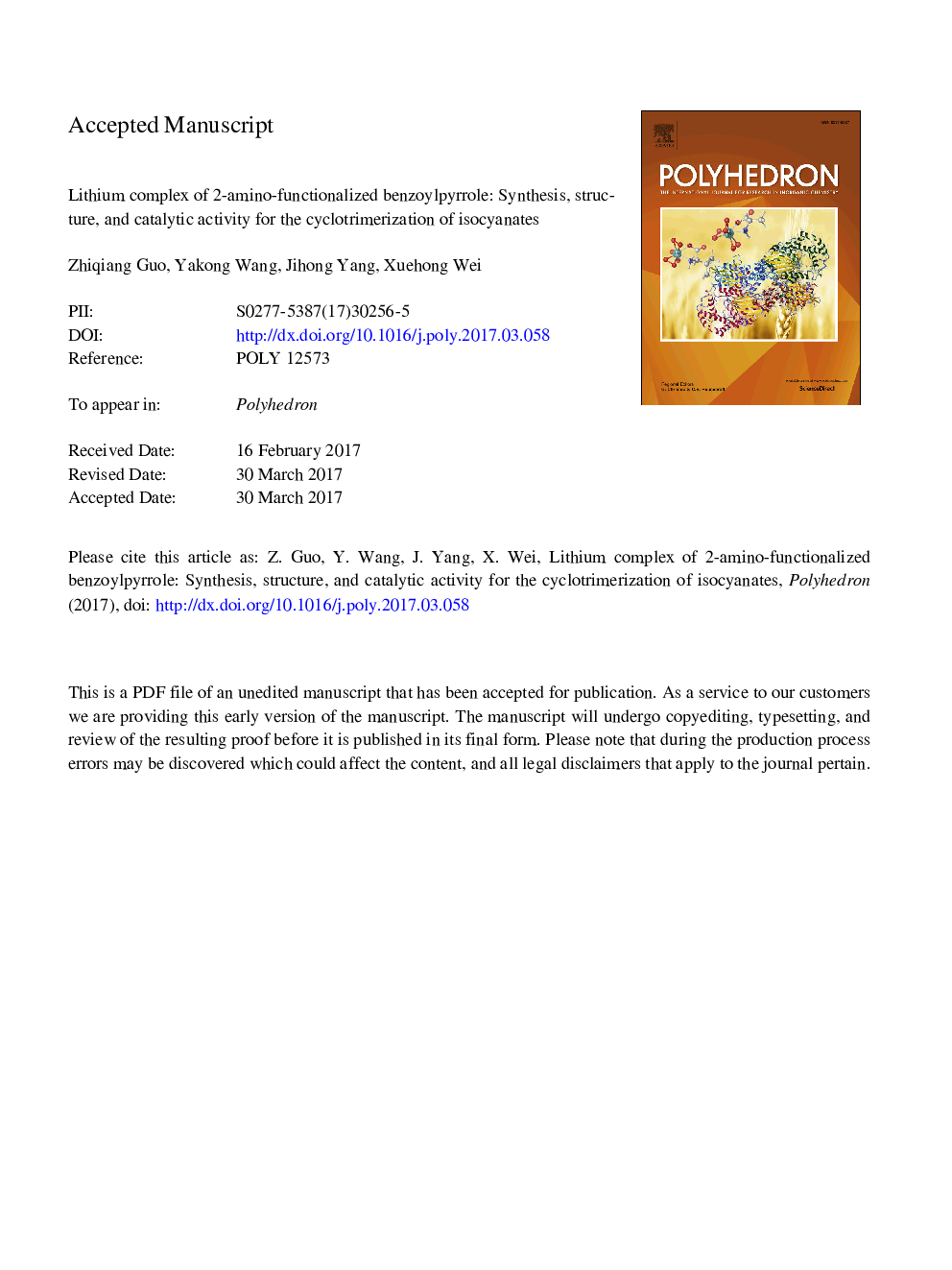 Lithium complex of 2-amino-functionalized benzoylpyrrole: Synthesis, structure, and catalytic activity for the cyclotrimerization of isocyanates