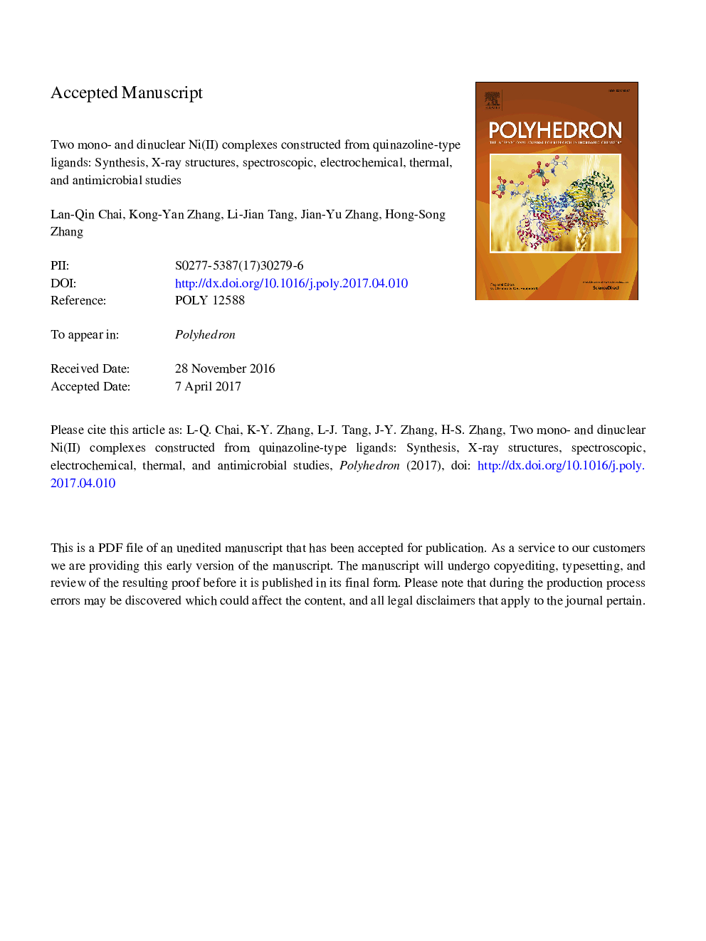 Two mono- and dinuclear Ni(II) complexes constructed from quinazoline-type ligands: Synthesis, X-ray structures, spectroscopic, electrochemical, thermal, and antimicrobial studies