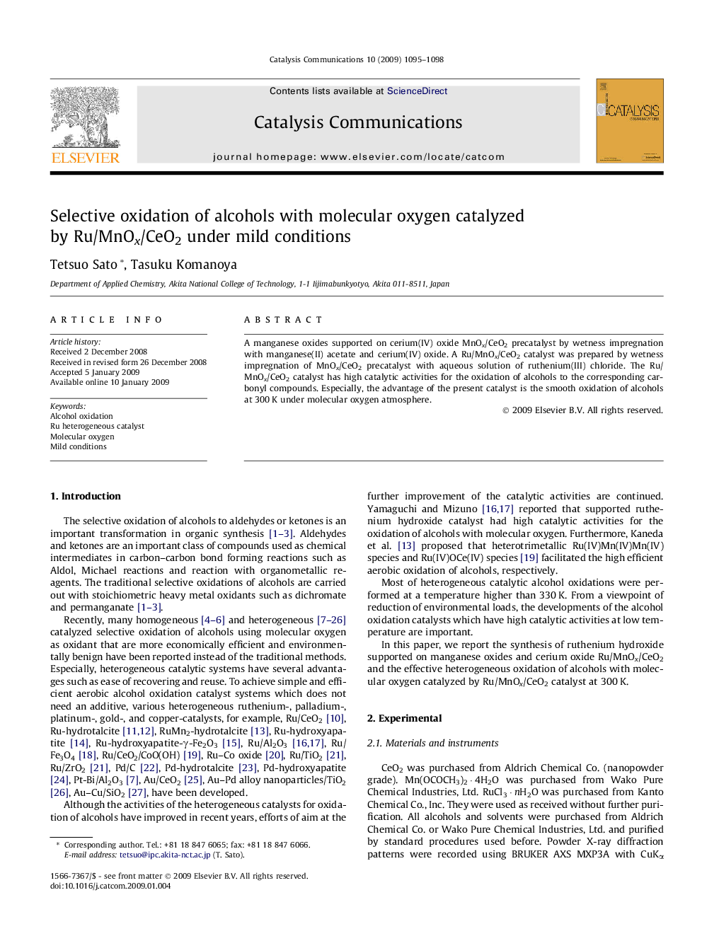 Selective oxidation of alcohols with molecular oxygen catalyzed by Ru/MnOx/CeO2 under mild conditions