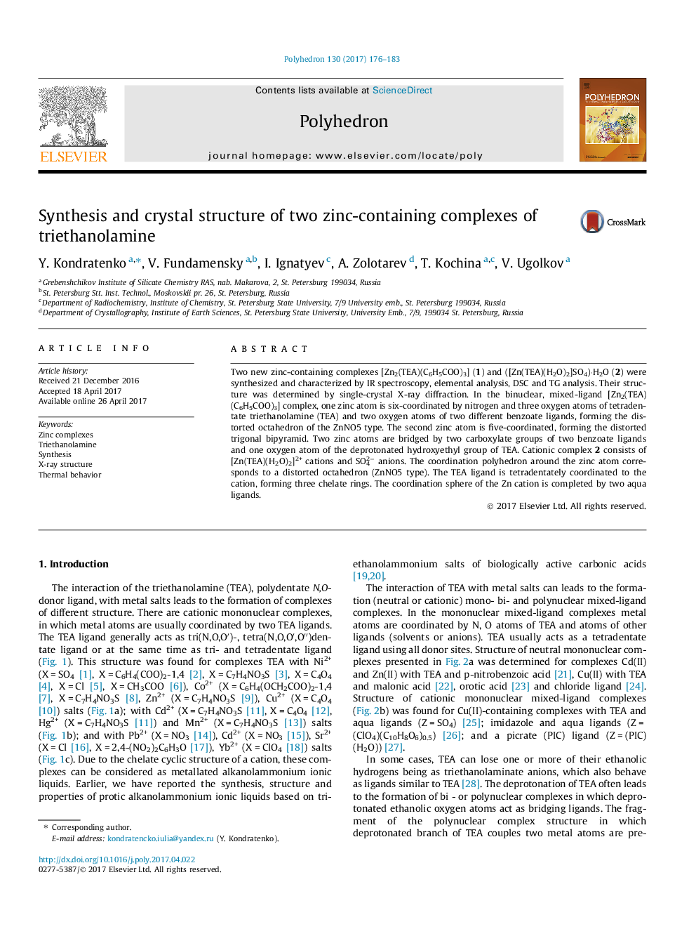 Synthesis and crystal structure of two zinc-containing complexes of triethanolamine