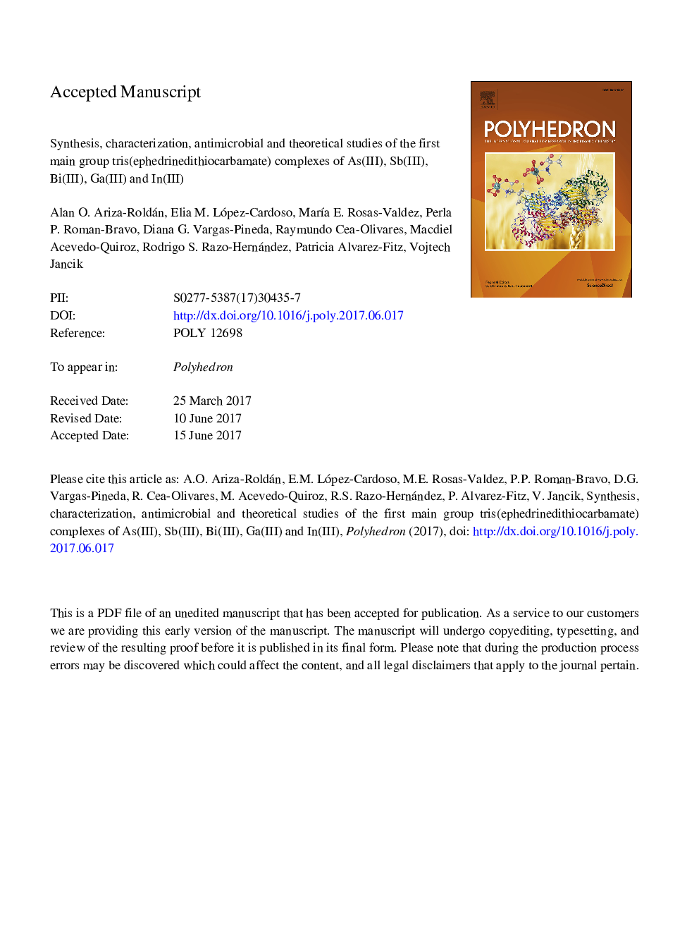 Synthesis, characterization, antimicrobial and theoretical studies of the first main group tris(ephedrinedithiocarbamate) complexes of As(III), Sb(III), Bi(III), Ga(III) and In(III)