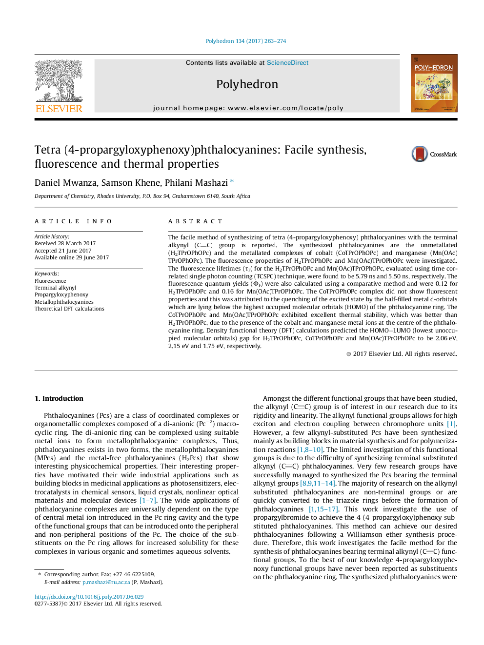 Tetra (4-propargyloxyphenoxy)phthalocyanines: Facile synthesis, fluorescence and thermal properties