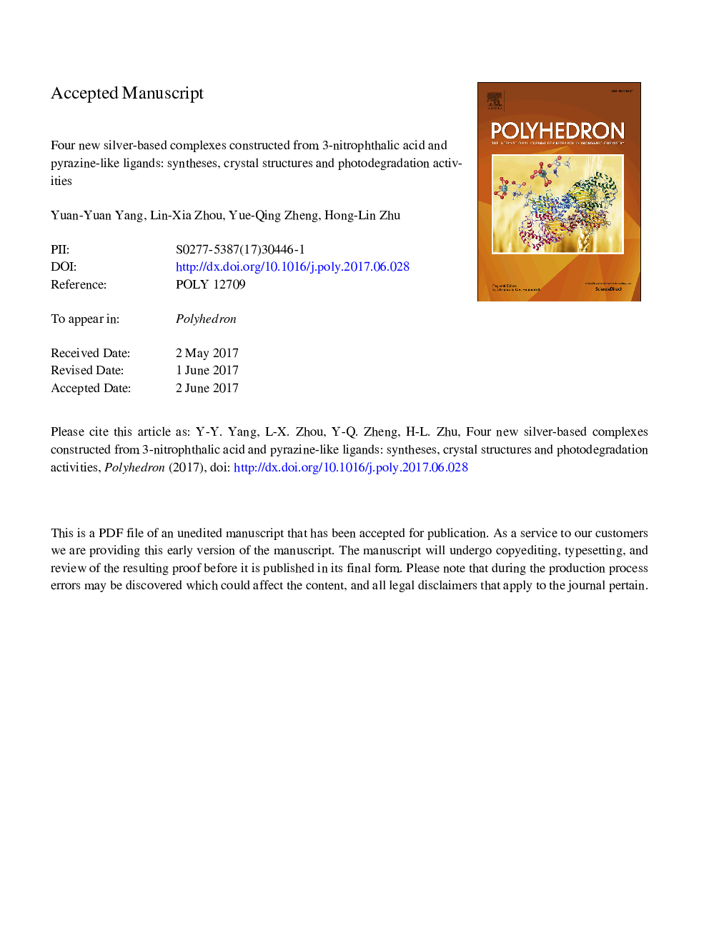 Four new silver-based complexes constructed from 3-nitrophthalic acid and pyrazine-like ligands: Syntheses, crystal structures and photodegradation activities