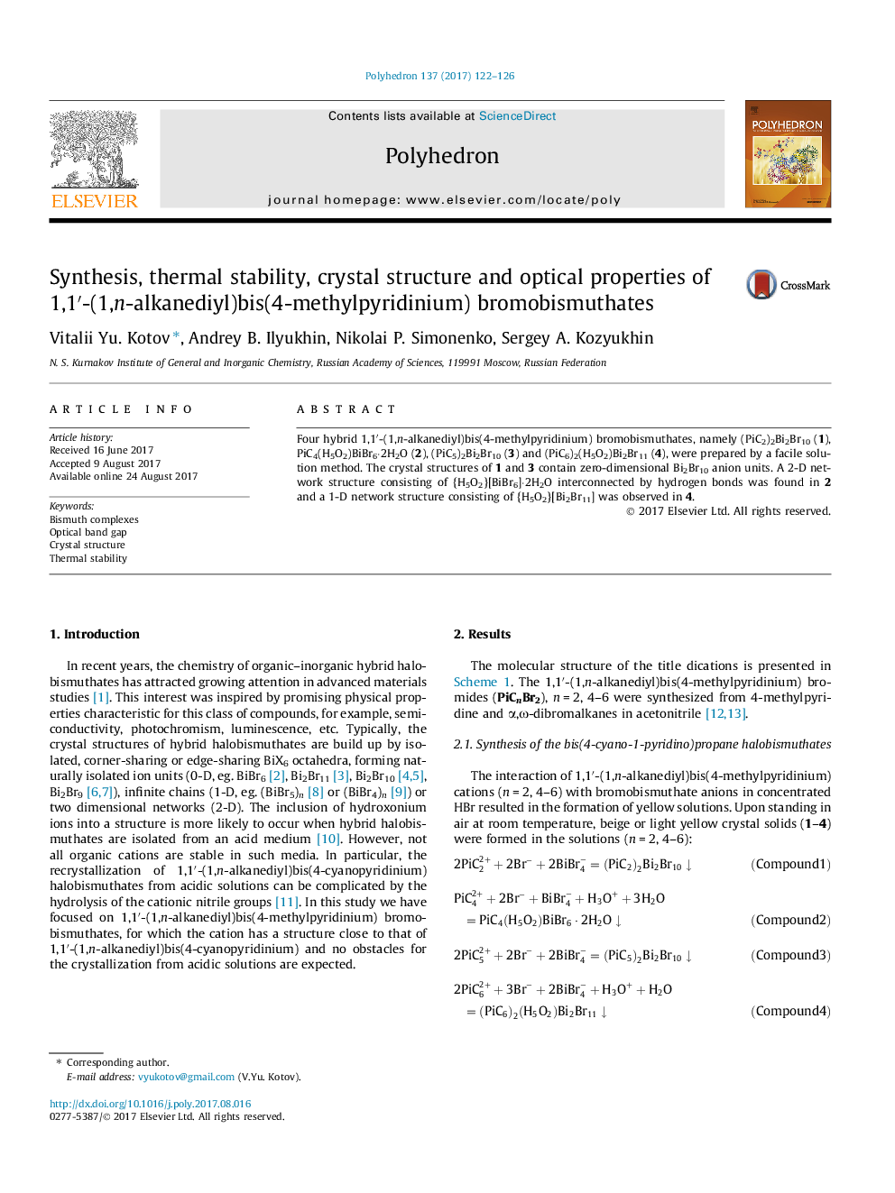 Synthesis, thermal stability, crystal structure and optical properties of 1,1â²-(1,n-alkanediyl)bis(4-methylpyridinium) bromobismuthates