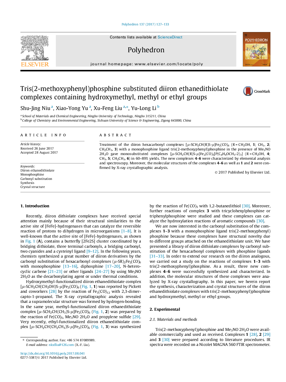 Tris(2-methoxyphenyl)phosphine substituted diiron ethanedithiolate complexes containing hydroxymethyl, methyl or ethyl groups