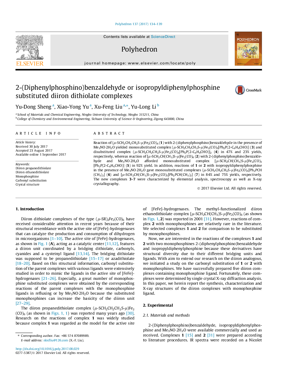 2-(Diphenylphosphino)benzaldehyde or isopropyldiphenylphosphine substituted diiron dithiolate complexes