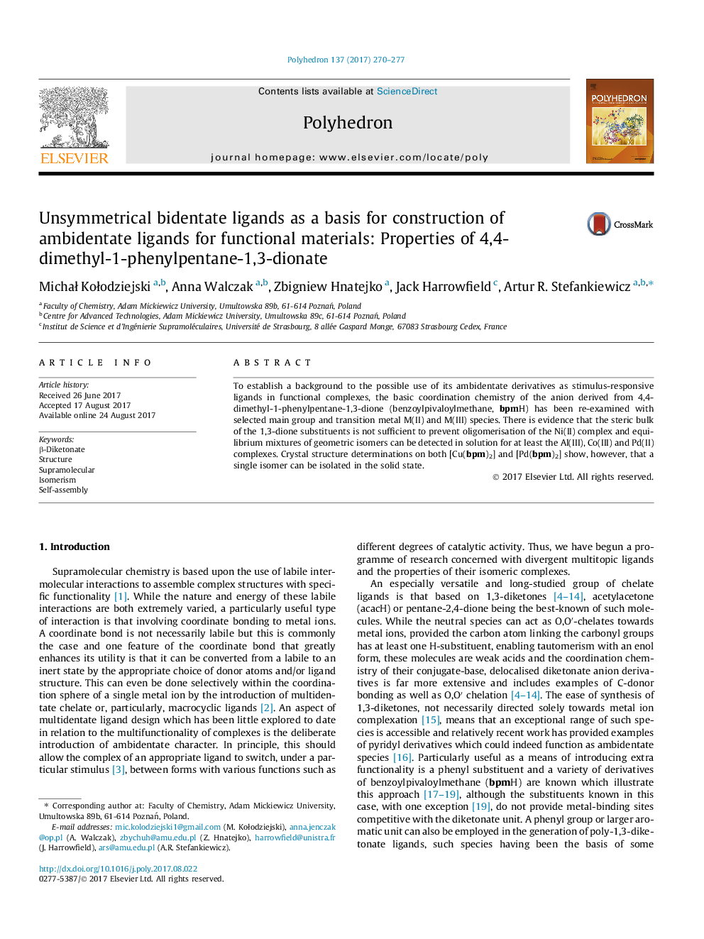 Unsymmetrical bidentate ligands as a basis for construction of ambidentate ligands for functional materials: Properties of 4,4-dimethyl-1-phenylpentane-1,3-dionate