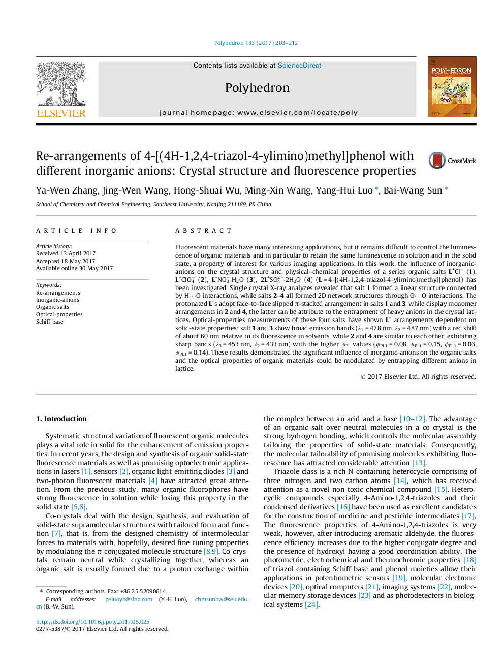 Re-arrangements of 4-[(4H-1,2,4-triazol-4-ylimino)methyl]phenol with different inorganic anions: Crystal structure and fluorescence properties