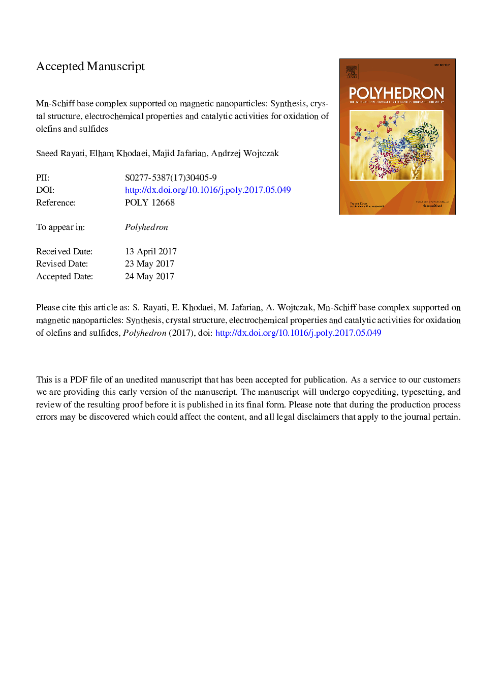 Mn-Schiff base complex supported on magnetic nanoparticles: Synthesis, crystal structure, electrochemical properties and catalytic activities for oxidation of olefins and sulfides