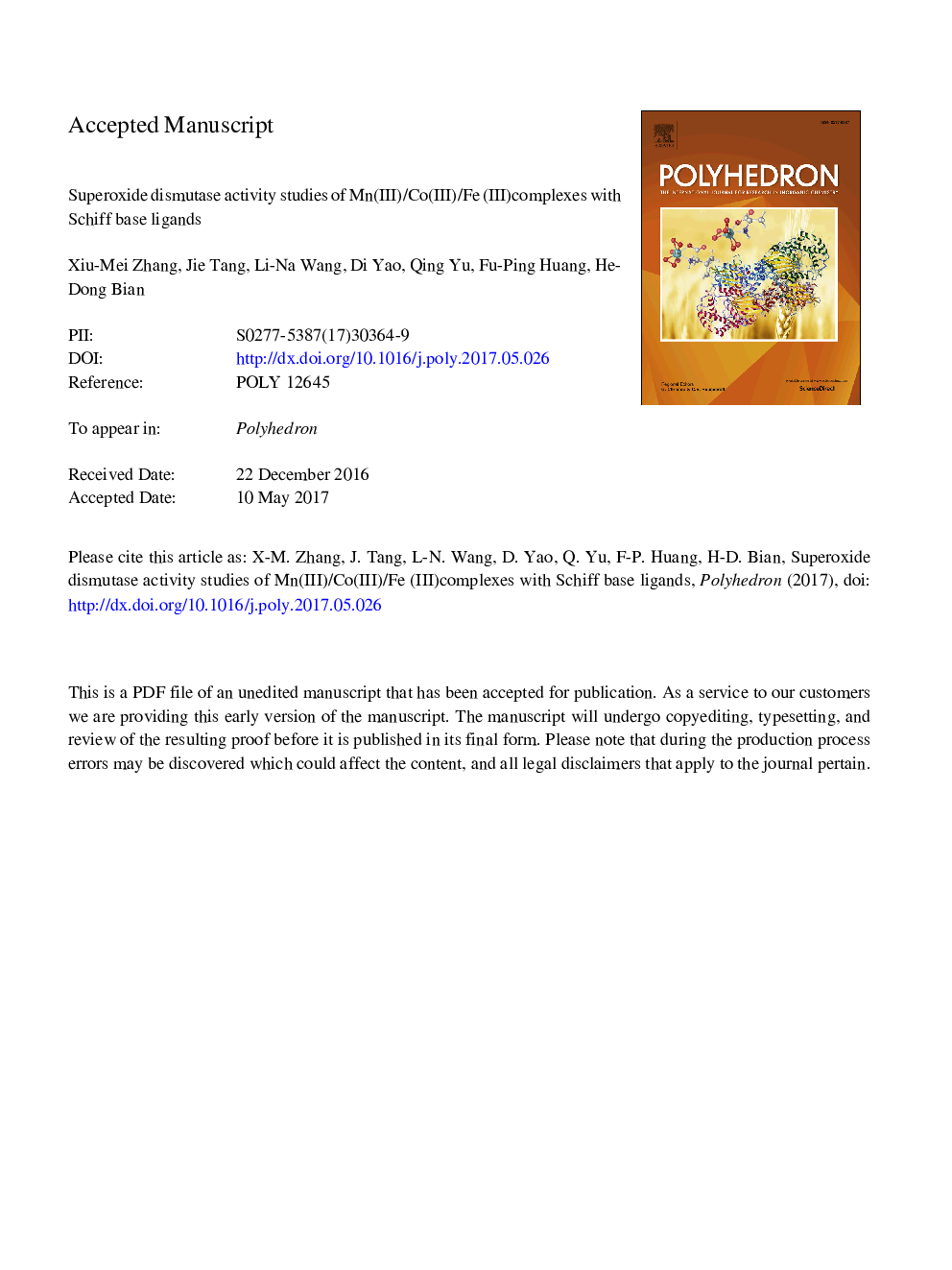 عکس صفحه اول مقاله: Superoxide dismutase activity studies of Mn(III)/Co(III)/Fe(III) complexes with Schiff base ligands Superoxide dismutase activity studies of Mn(III)/Co(III)/Fe(III) complexes with Schiff base ligands