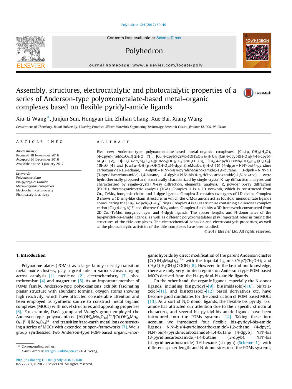 عکس صفحه اول مقاله: Assembly, structures, electrocatalytic and photocatalytic properties of a series of Anderson-type polyoxometalate-based metal-organic complexes based on flexible pyridyl-amide ligands Assembly, structures, electrocatalytic and photocatalytic properties of a series of Anderson-type polyoxometalate-based metal-organic complexes based on flexible pyridyl-amide ligands