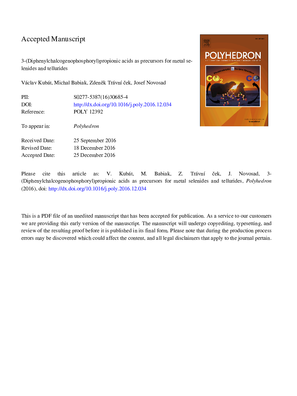 3-(Diphenylchalcogenophosphoryl)propionic acids as precursors for metal selenides and tellurides