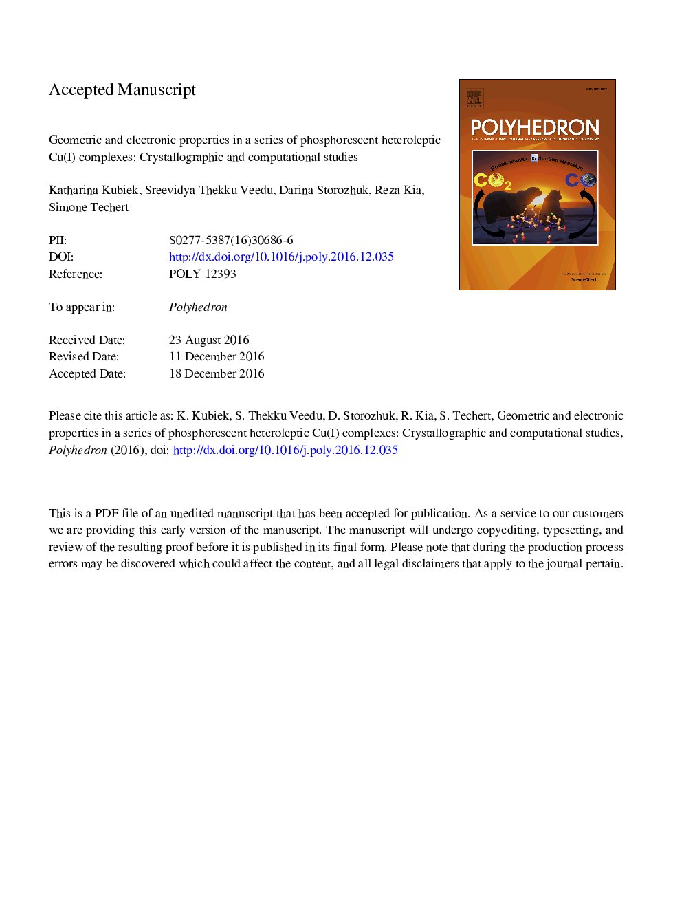 Geometric and electronic properties in a series of phosphorescent heteroleptic Cu(I) complexes: Crystallographic and computational studies