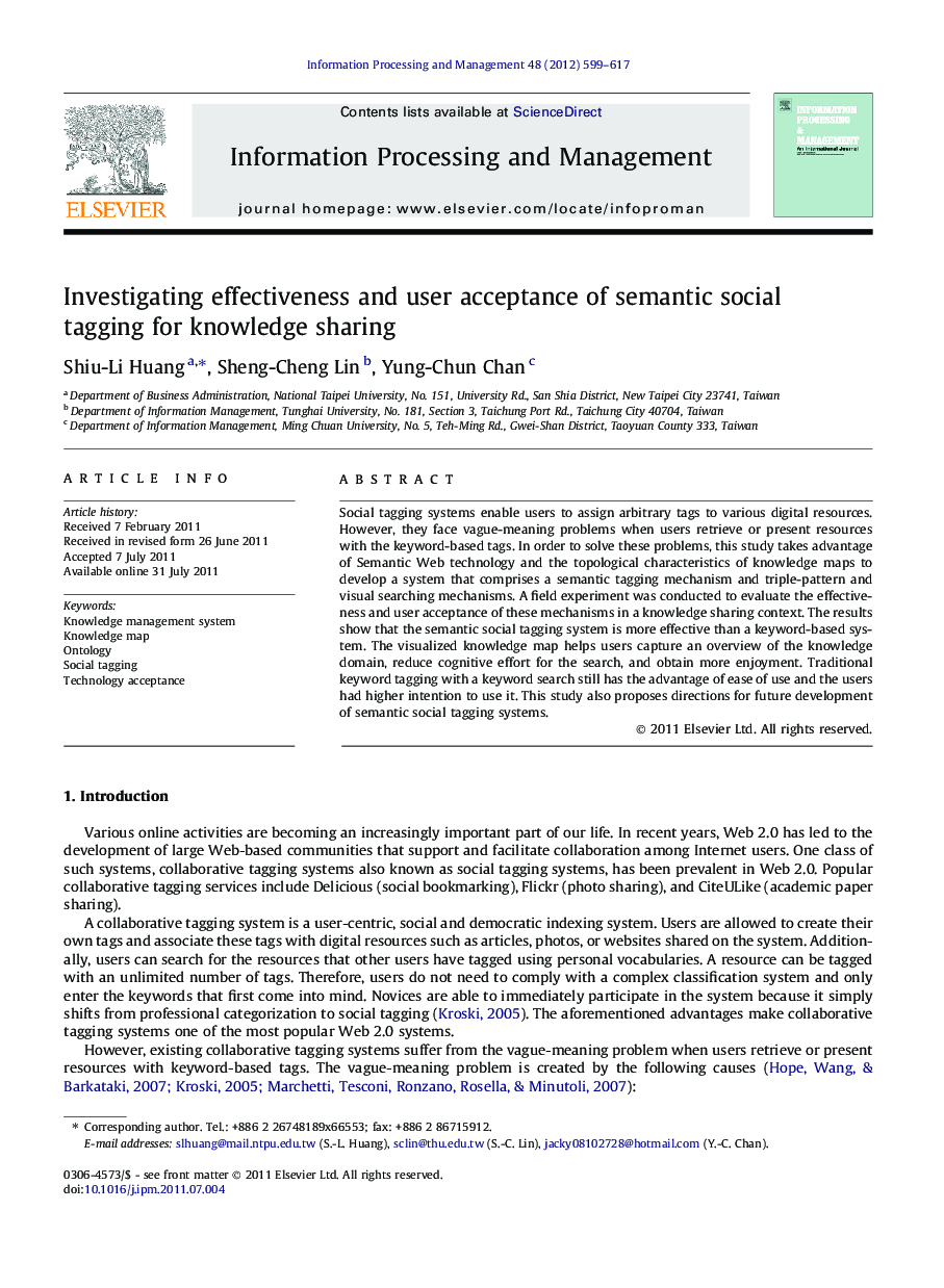 Investigating effectiveness and user acceptance of semantic social tagging for knowledge sharing