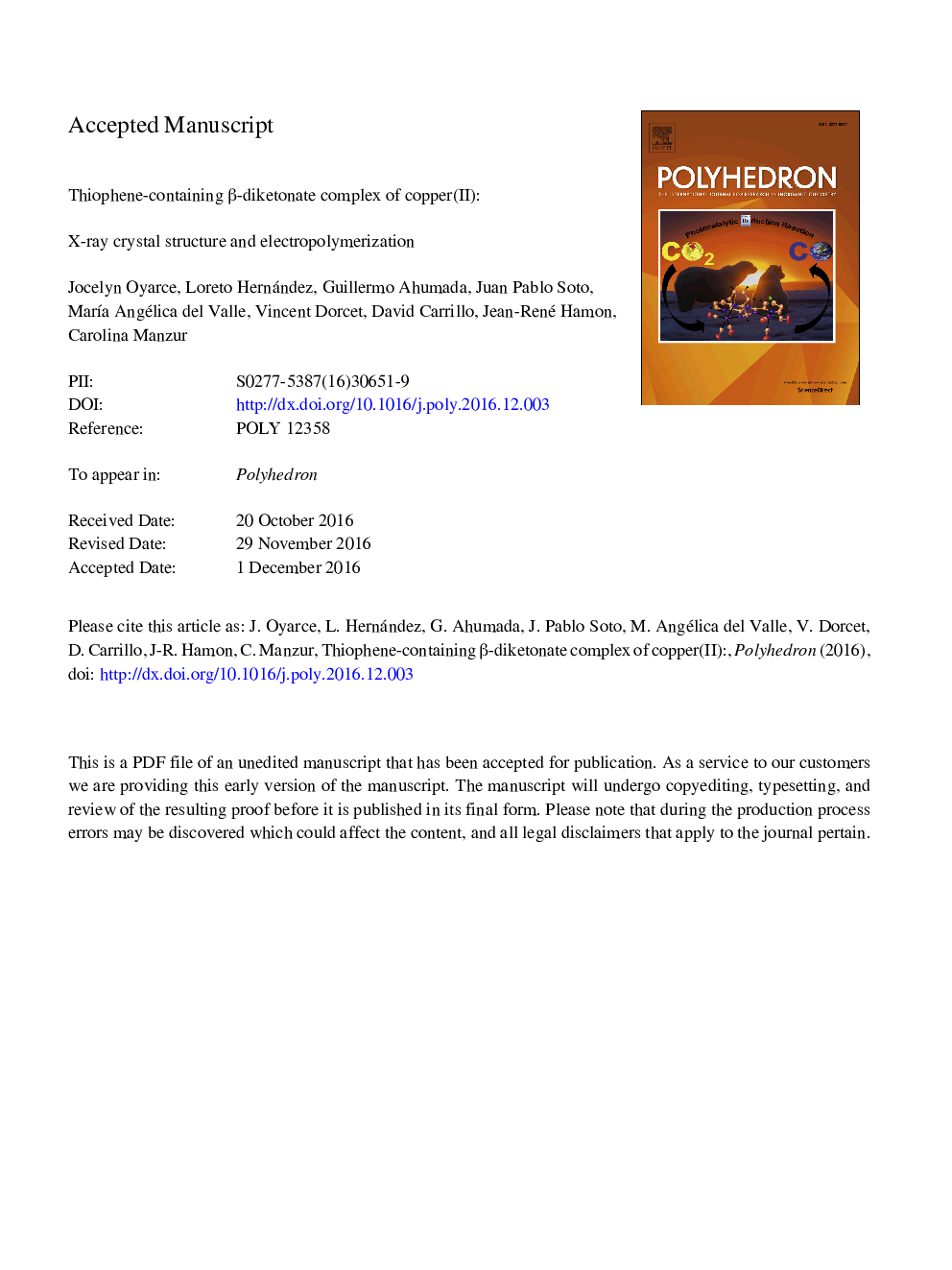 Thiophene-containing Î²-diketonate complex of copper(II): X-ray crystal structure and electropolymerization