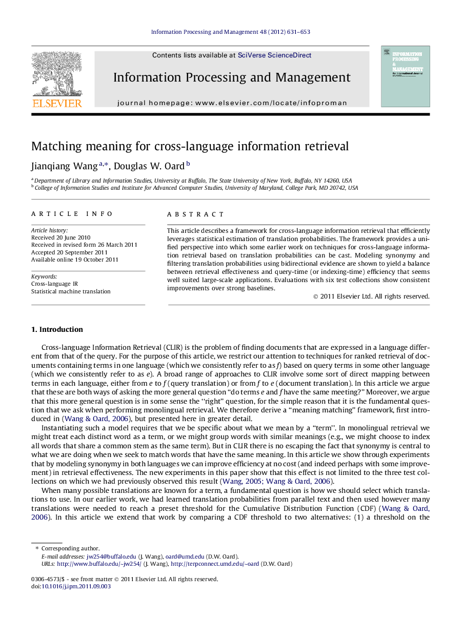 Matching meaning for cross-language information retrieval