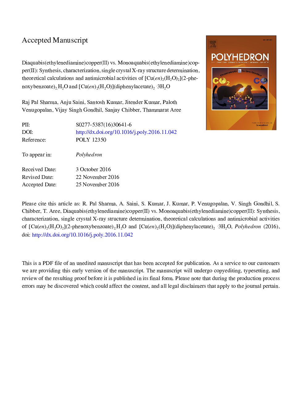 Diaquabis(ethylenediamine)copper(II) vs. monoaquabis(ethylenediamine)copper(II): Synthesis, characterization, single crystal X-ray structure determination, theoretical calculations and antimicrobial activities of [Cu(en)2(H2O)2](2-phenoxybenzoate)2Â·H2O a