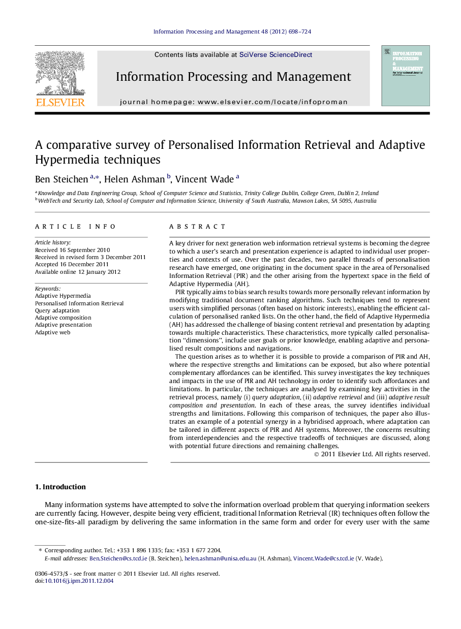 A comparative survey of Personalised Information Retrieval and Adaptive Hypermedia techniques