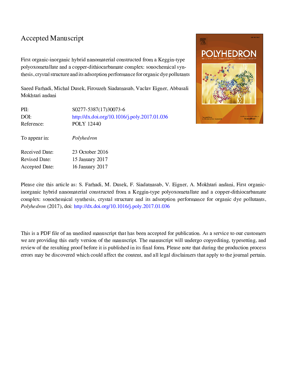 First organic-inorganic hybrid nanomaterial constructed from a Keggin-type polyoxometallate and a copper-dithiocarbamate complex: Sonochemical synthesis, crystal structure and its adsorption performance for organic dye pollutants