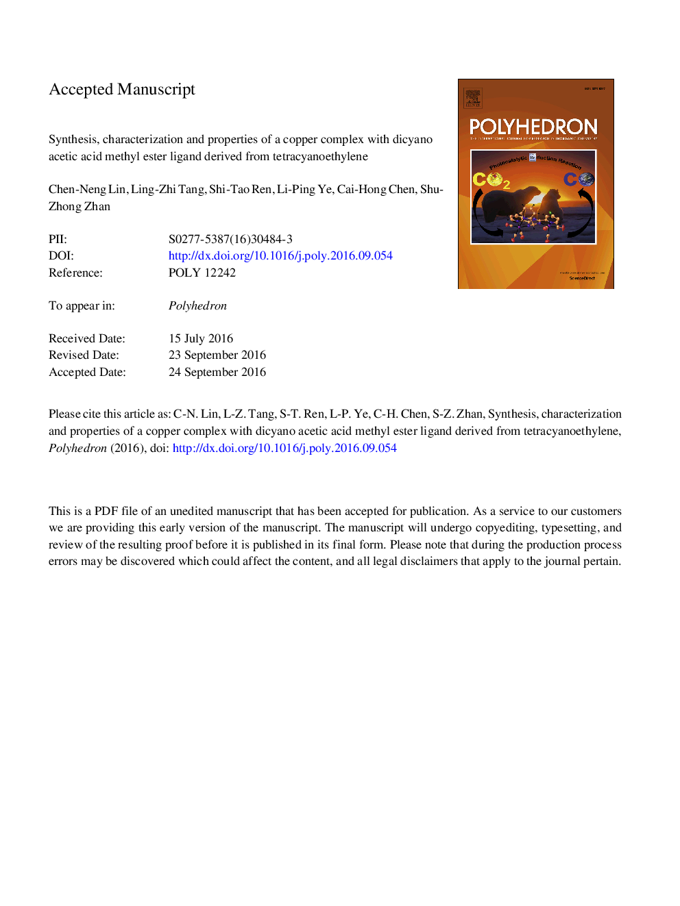 Synthesis, characterization and properties of a copper complex with dicyano acetic acid methyl ester ligand derived from tetracyanoethylene