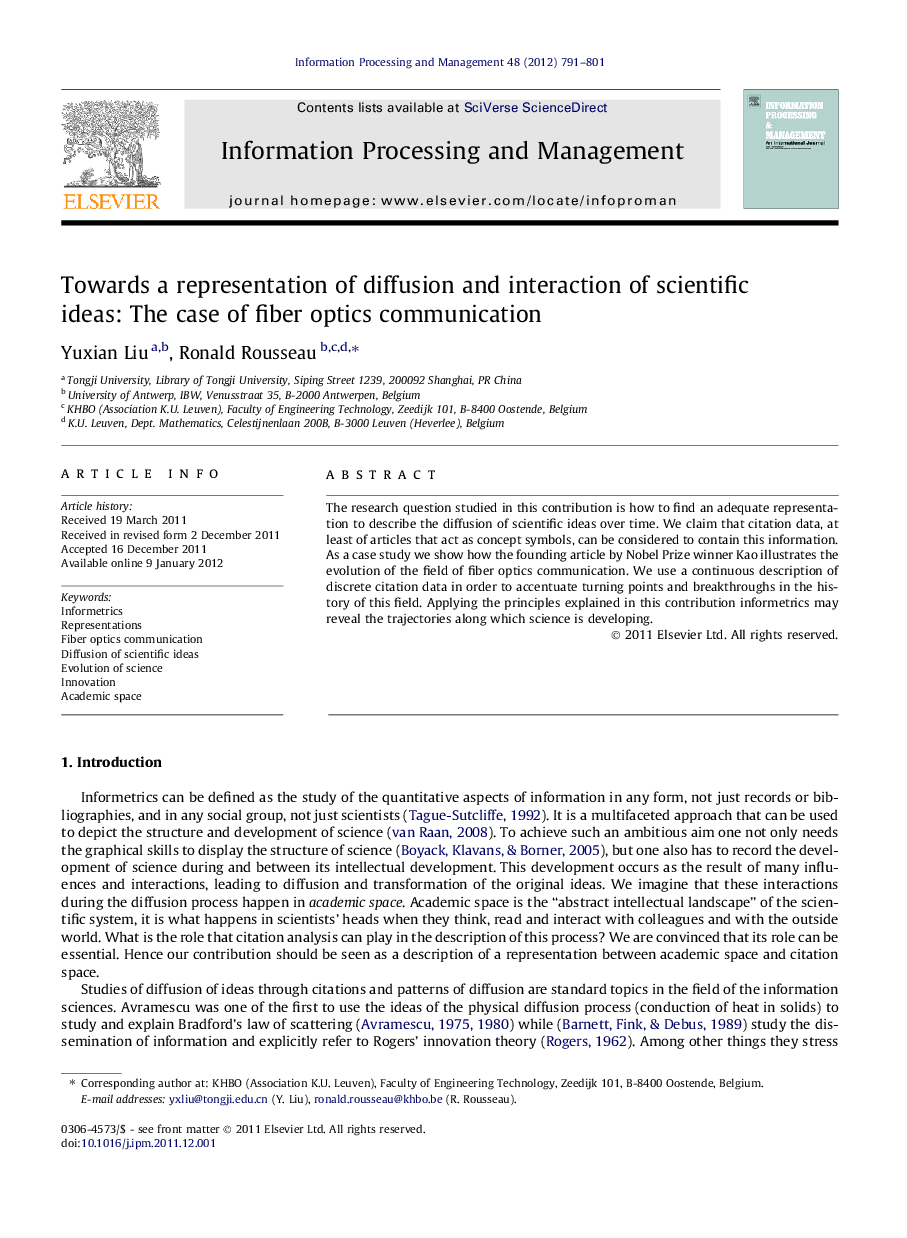 Towards a representation of diffusion and interaction of scientific ideas: The case of fiber optics communication