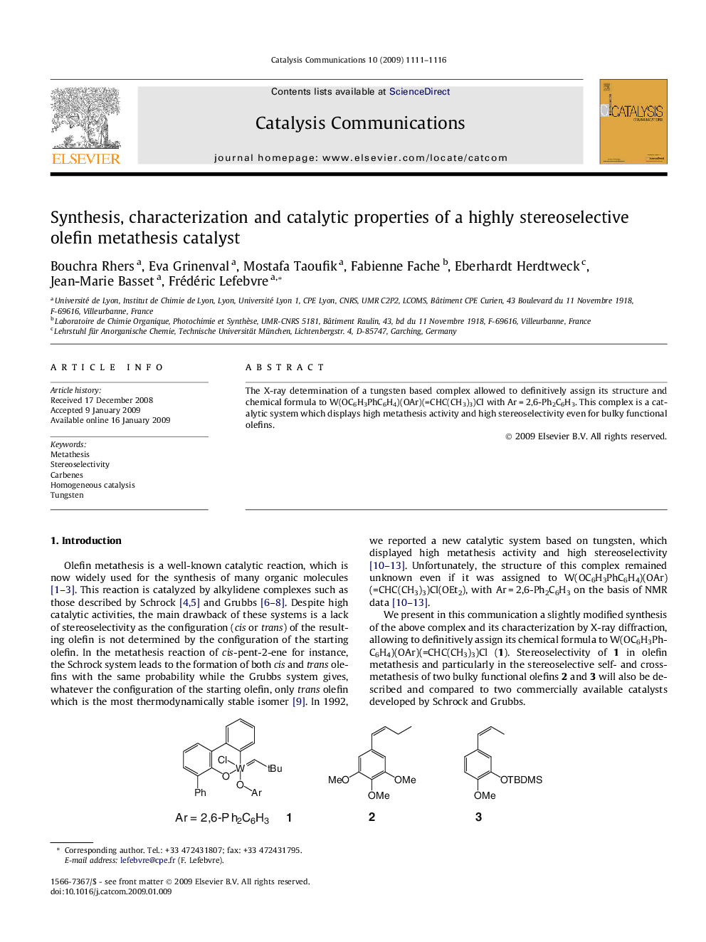 Synthesis, characterization and catalytic properties of a highly stereoselective olefin metathesis catalyst