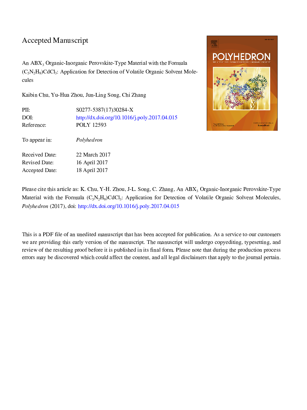 An ABX3 organic-inorganic perovskite-type material with the formula (C5N2H9)CdCl3: Application for detection of volatile organic solvent molecules