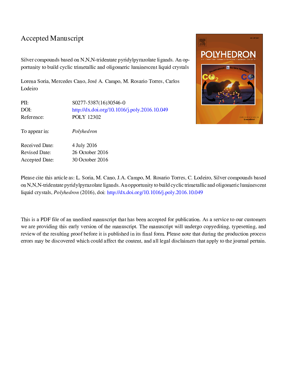 عکس صفحه اول مقاله: Silver compounds based on N,N,N-tridentate pyridylpyrazolate ligands. An opportunity to build cyclic trimetallic and oligomeric luminescent liquid crystals Silver compounds based on N,N,N-tridentate pyridylpyrazolate ligands. An opportunity to build cyclic trimetallic and oligomeric luminescent liquid crystals