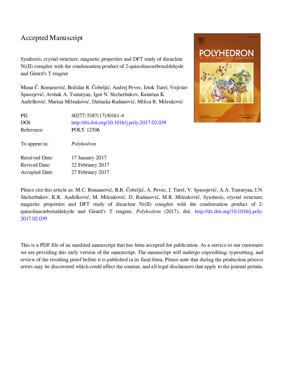 Synthesis, crystal structure, magnetic properties and DFT study of dinuclear Ni(II) complex with the condensation product of 2-quinolinecarboxaldehyde and Girard's T reagent