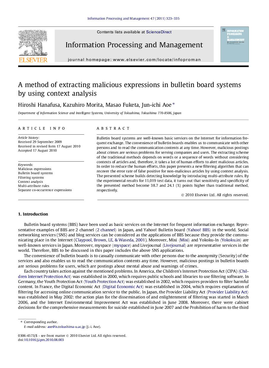 A method of extracting malicious expressions in bulletin board systems by using context analysis