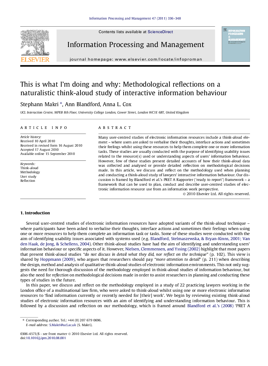 This is what I’m doing and why: Methodological reflections on a naturalistic think-aloud study of interactive information behaviour