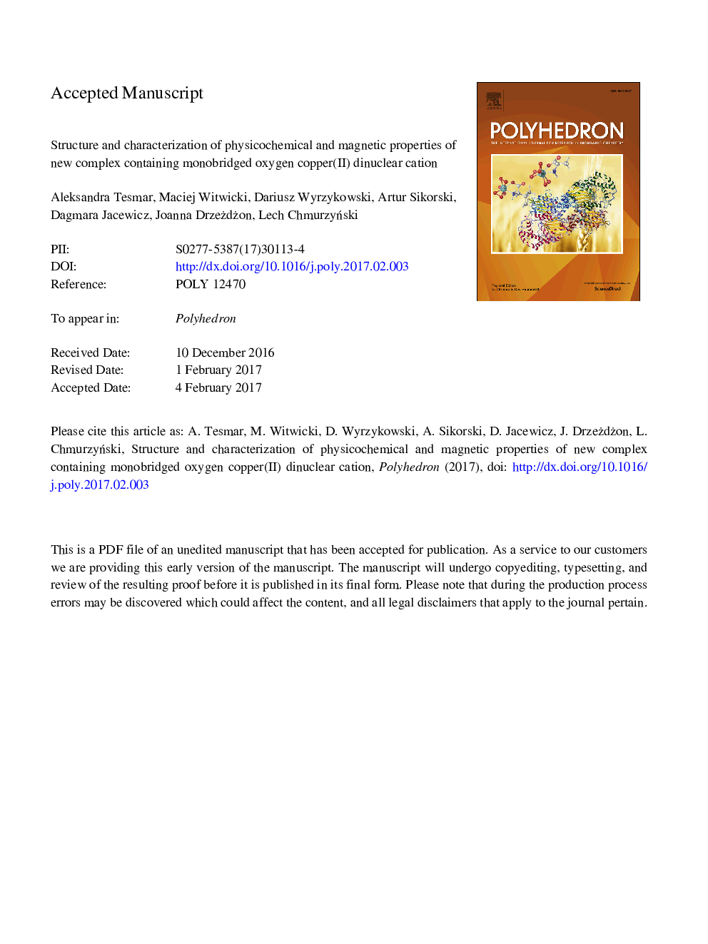 Structure and characterization of physicochemical and magnetic properties of new complex containing monobridged oxygen copper(II) dinuclear cation