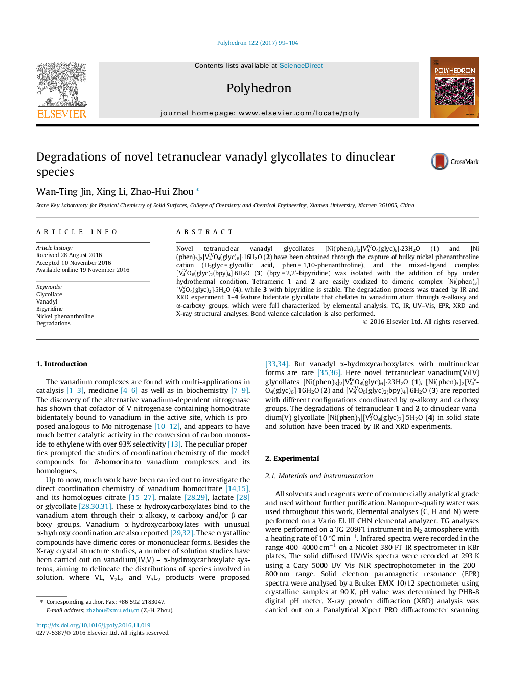 Degradations of novel tetranuclear vanadyl glycollates to dinuclear species